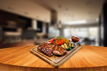 Tasty fresh Steak with Herbs on kitchen desk
