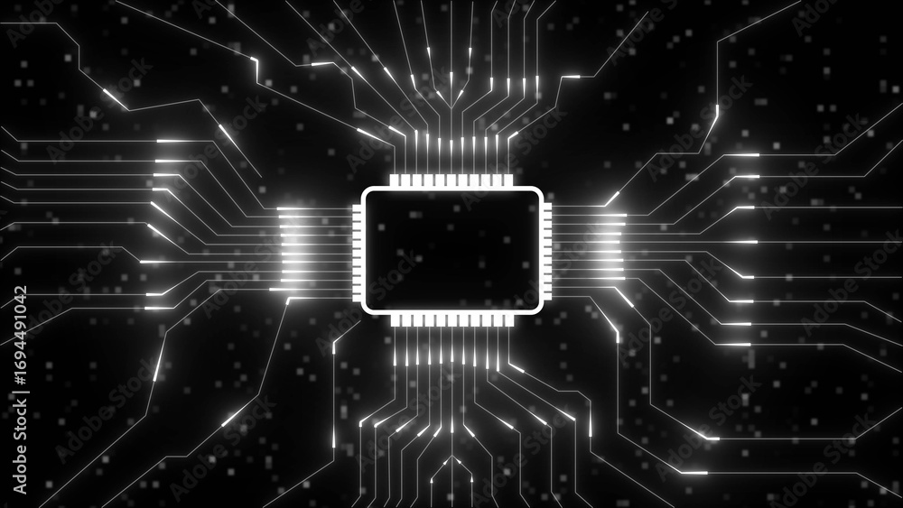 Poster glowing white circuit board lines radiating from central processor chip on black background technolo