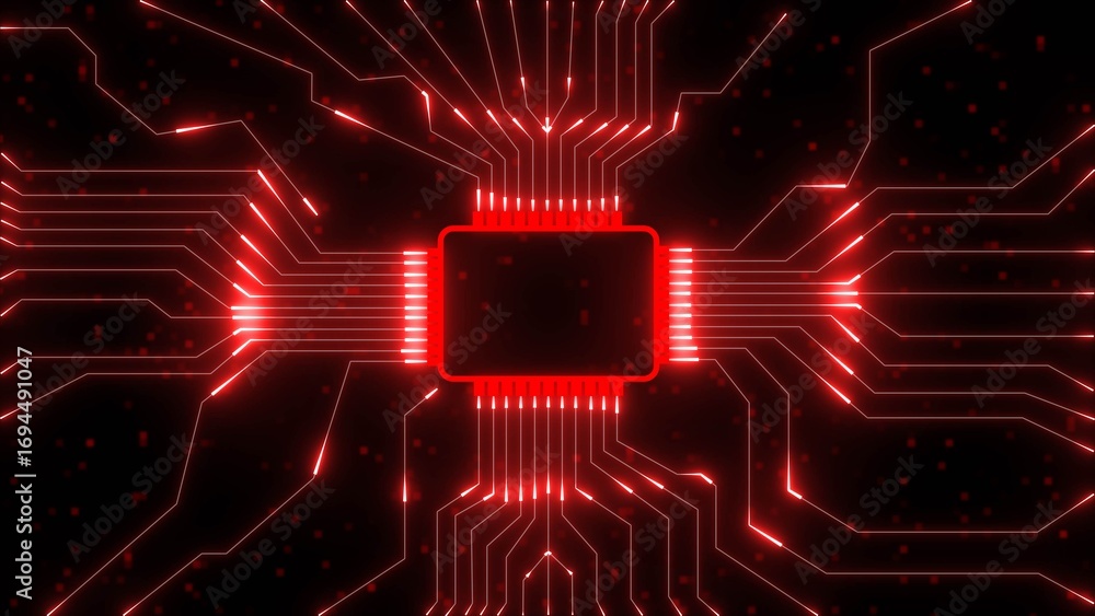 Poster glowing red circuit board lines connecting to central processor chip on black background technology