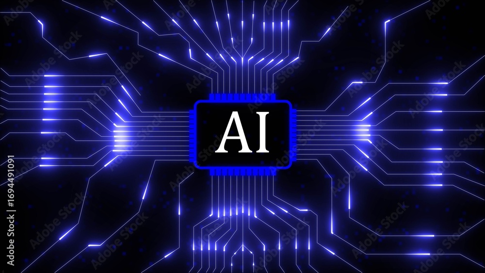 Poster central a i processor with glowing blue circuit board pathways on dark background artificial intelli