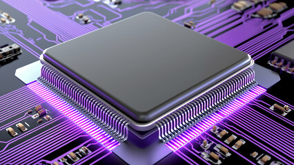 Futuristic glowing computer motherboard and AI microchip with purple, cyan, and green circuits for innovation and business growth  
