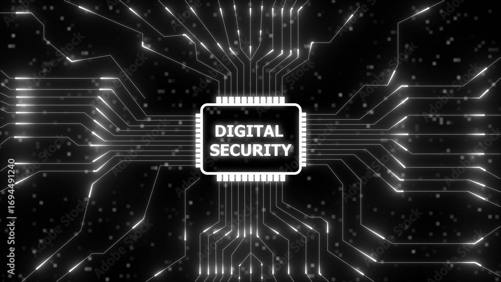 Aufkleber glowing white circuit board lines and digital security text on black background technology
