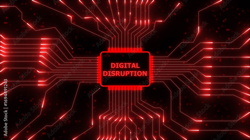 Poster red glowing circuit board lines and central chip with digital disruption text technology