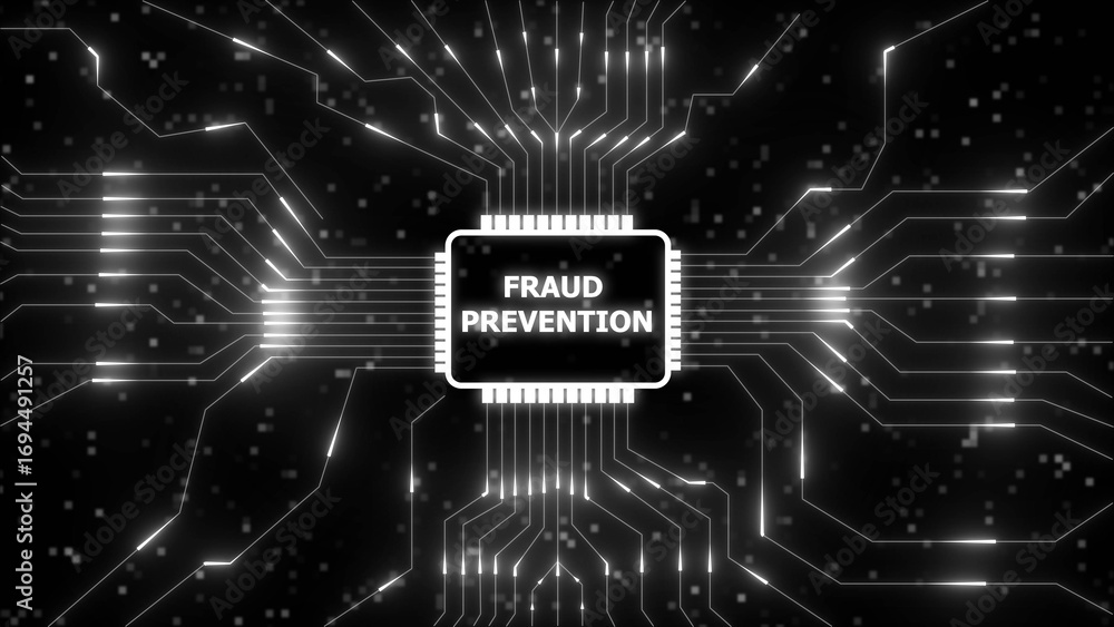 Poster digital circuit board with fraud prevention text on central chip and glowing lines on black backgrou