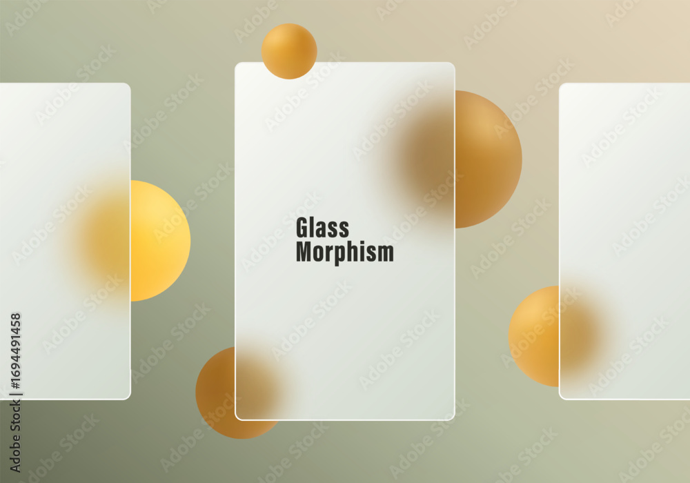 Aufkleber glassmorphism style landing page design with frosted transparent panel and golden yellow 3d spheres 