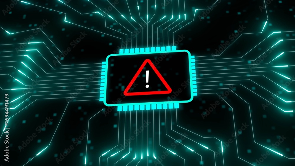 Poster glowing circuit board with warning symbol on central chip technology computer