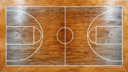 Overhead View of Basketball Court with Lines and Wood.