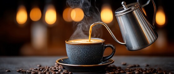 Pouring Coffee into Cup Steam Bokeh Background Closeup.