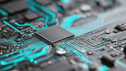 Futuristic glowing computer motherboard and AI microchip with purple, cyan, and green circuits for innovation and business growth  
