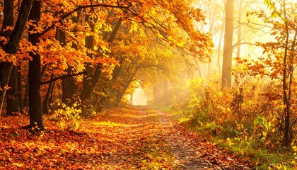 Obraz premium Golden Autumn Forest Path Bathed in Sunlight
