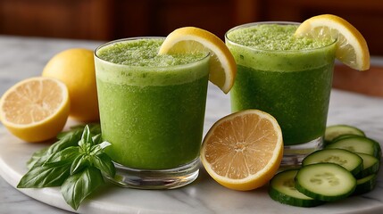 Refreshing Green Smoothie with Lemon and Cucumber Garnishes.