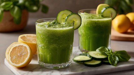 Refreshing Green Smoothie with Cucumber and Lemon Garnish.