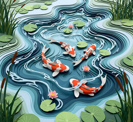 Serene Paper Cut Koi Fish Pond with Lily Pads and Reeds - Layered Paper Art Illustration