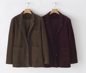 Two corduroy blazers hanging on hangers brown and burgundy colors