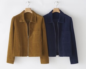 Stylish corduroy jackets in mustard and navy hanging on wooden hangers