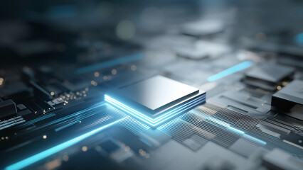 Futuristic glowing computer motherboard and AI microchip with purple, cyan, and green circuits for innovation and business growth  
