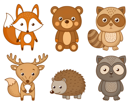 Set of cartoon forest animals including fox, bear, deer, raccoon, owl, hedgehog, squirrel, and wolf. Cute stylized vector illustration of woodland creatures