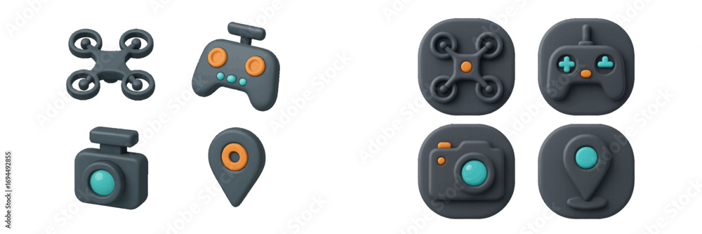 Poster modern 3d icon collection featuring a drone, remote control, camera, and location pin for user inter