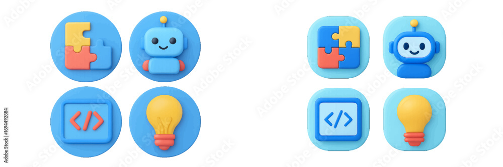 Poster set of 3d icons for technology and development including chatbot, coding symbol, puzzle pieces, and 