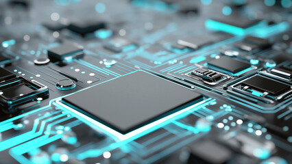 Futuristic glowing computer motherboard and AI microchip with purple, cyan, and green circuits for innovation and business growth  
