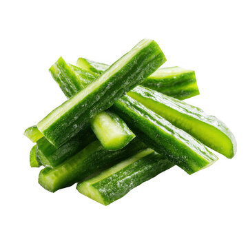 Fresh cucumber sticks faling isolated [Transparent Background PNG].