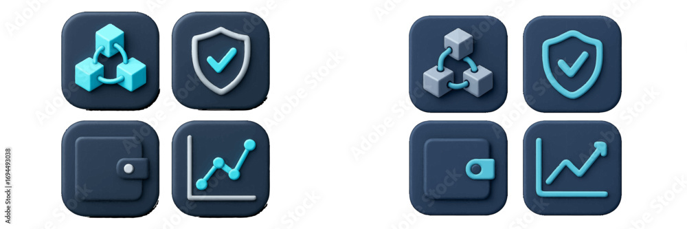 Aufkleber 3d icon set for finance and technology with blockchain, security shield, wallet, and growth graph sy