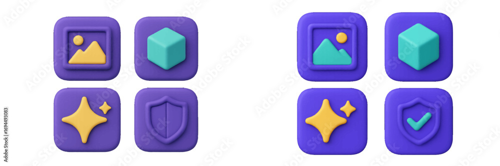 Poster modern user interface icon set with symbols for image gallery, 3d model, quality enhancement, and se