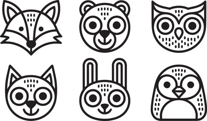 Cute Animal Faces Vector Illustration Set for Children's Designs and Educational Materials