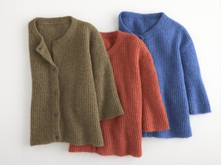 Three knitted cardigans in green orange and blue on white background