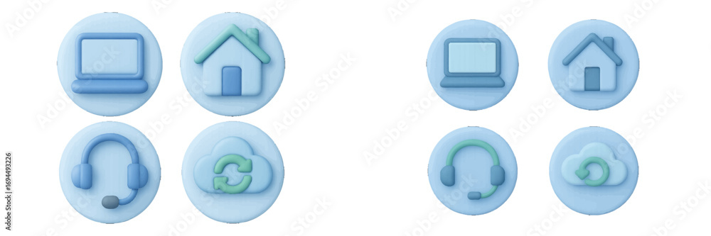Poster modern 3d user interface icons for remote work and cloud computing featuring laptop, house, support 