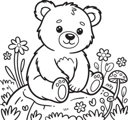 Cute Cartoon Bear Sitting on a Hill Surrounded by Flowers Line Art Vector