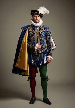Renaissance nobleman in embroidered doublet with cape, feathered cap, and contrasting hose