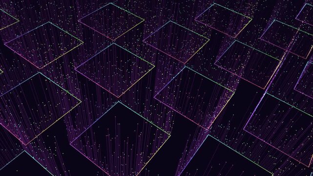 A digital artwork featuring a grid pattern of colorful lines and squares in shades of purple, pink, and blue, creating a visually appealing and abstract design