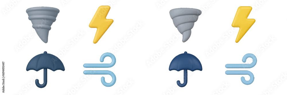 Poster 3d weather icon set with tornado, lightning bolt, umbrella, and wind symbols for forecast applicatio