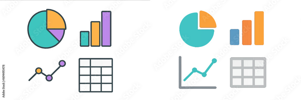 Poster set of data visualization icons including pie chart, bar chart, line graph, and table in line and fl