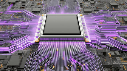 Futuristic glowing computer motherboard and AI microchip with purple, cyan, and green circuits for innovation and business growth  
