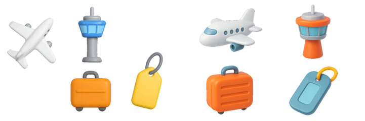 Fototapeta premium Collection of 3D airport and travel icons including airplane, suitcase, luggage tag, and air traffic control tower