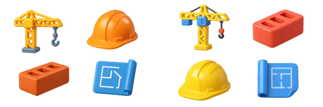 3D construction icon set with crane, hard hat, brick, and blueprint for building and engineering projects