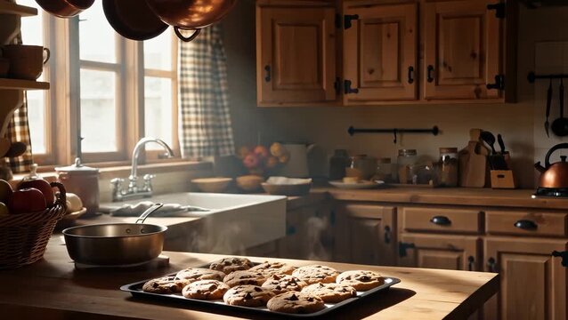 Rustic Kitchen with Chocolate Chip Cookies and Warm Sunlight