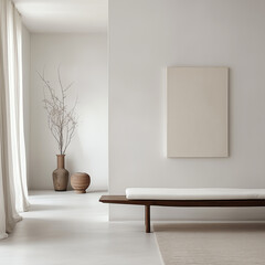 Minimalist, scandinavian home interior design of modern living room. Hall with wooden bench near wall with blank mock up poster.