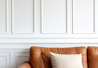 Scandinavian home interior design of modern living room. Brown leather sofa near white paneling wall, interior background with copy space.