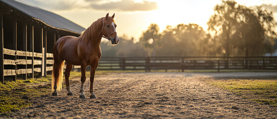 A magnificent red horse stands in front of a stable at sunset, bathed in golden light — perfect for magazine covers about nature, farm life, horse club advertisements,  