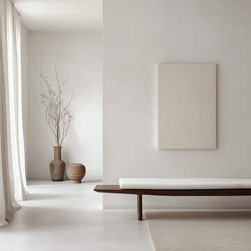 Minimalist, scandinavian home interior design of modern living room. Hall with wooden bench near wall with blank mock up poster.
