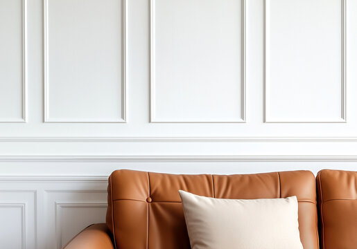 Scandinavian home interior design of modern living room. Brown leather sofa near white paneling wall, interior background with copy space.