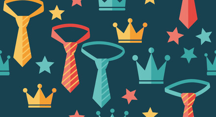 A festive repeating pattern featuring colorful neckties, golden crowns, and star shapes on a dark blue background, evoking a sense of celebration and appreciation.