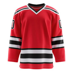  A vibrant red hockey jersey with bold black and white stripes [Transparent Background PNG].