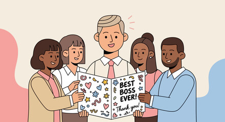 A diverse group of colleagues surrounds their smiling boss, presenting him with a decorated card proclaiming "Best Boss Ever!".