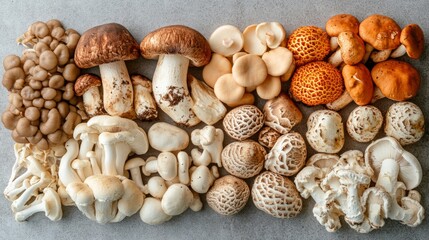 A variety of edible mushrooms on a gray background is useful for culinary articles, recipes, menu design, and blogs about healthy eating.