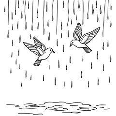 Minimilist two birds flying in the rain with water puddles below in a black and white line drawing style art vector