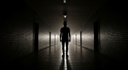 Solitary figure stands at the end of a dark, atmospheric hallway, casting long shadows.